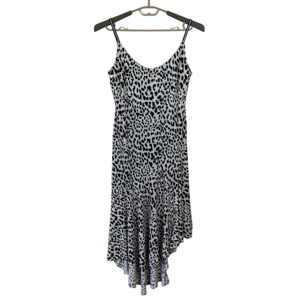 Joseph Ribkoff Cocktail Dress 12 Snow Leopard Black White asymmetric hem sequins